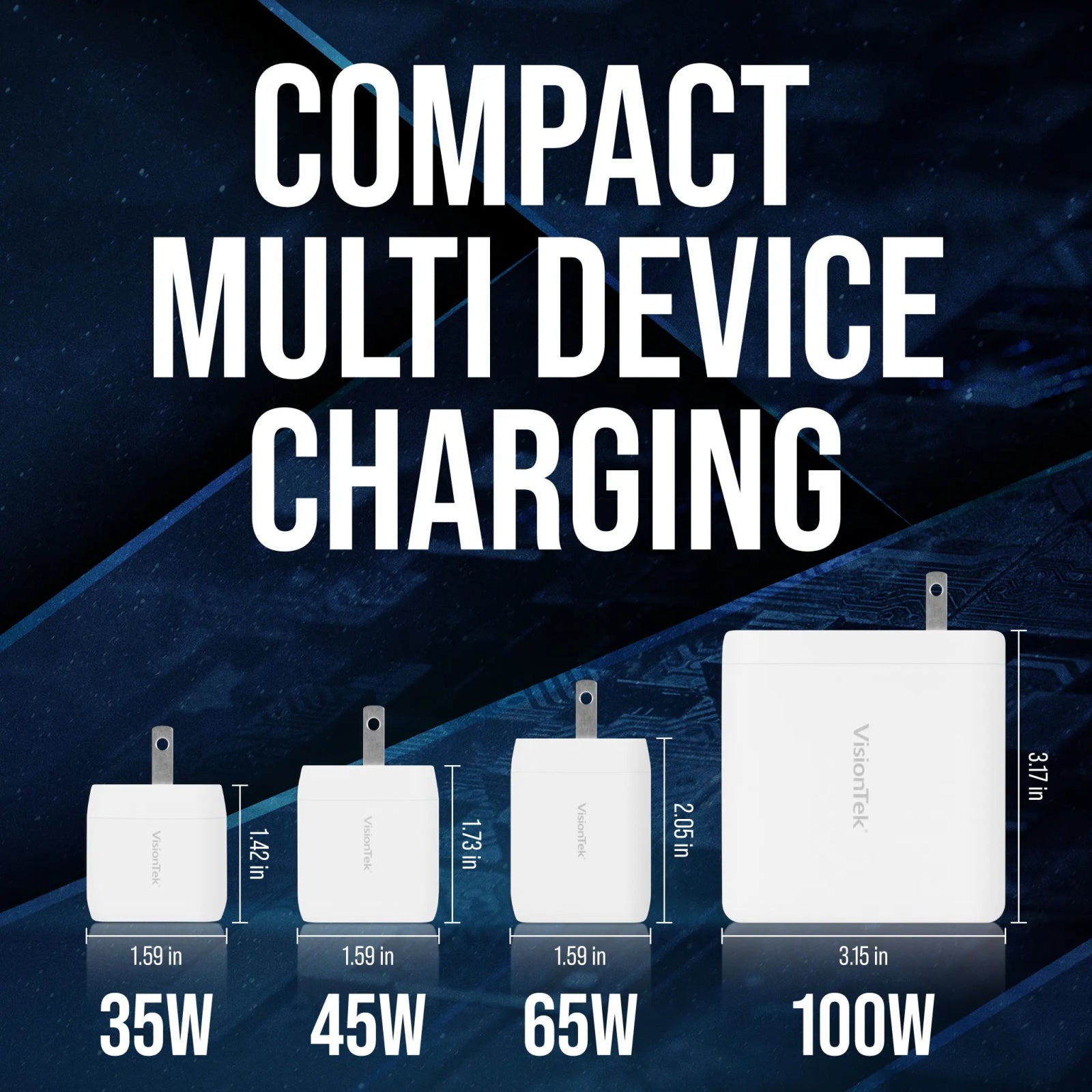 VisionTek.com - VisionTek 100W GaN USB - C Wall Charger | 4 - Port | Fast Charge PD 3.0 | Dual USB - C + Dual USB - A | 100W Power Delivery | Compatible with Laptops, Tablets, Smartphones, and USB - C Devices