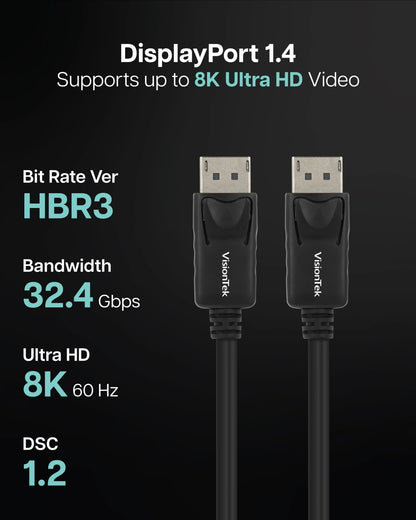 VisionTek.com - VisionTek DisplayPort 1.4 Cable | 9 ft 10 Inch (3M) - 50 Pack | 8K UHD | 4K 120Hz | High - Speed DisplayPort to DisplayPort Connection | Compatible with Monitors, TVs, Projectors