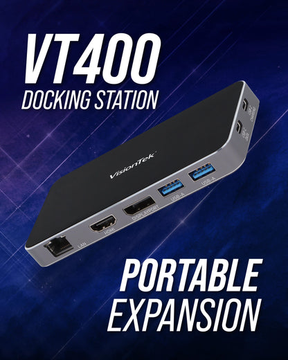 VisionTek.com - VisionTek VT400 USB - C Portable Docking Station | Dual Display | DP Alt Mode | 100W Power Delivery | USB - A, USB - C, Ethernet | Windows, Mac, ChromeOS Compatible