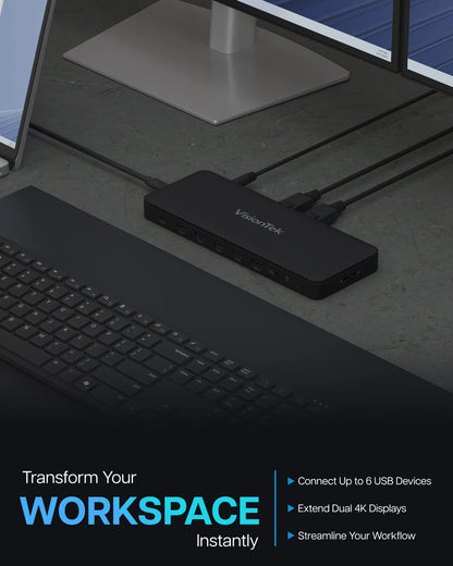 VisionTek.com - VisionTek VT4600DL Universal Dual 4K Docking Station 100W Charging (USB - A, USB - C)