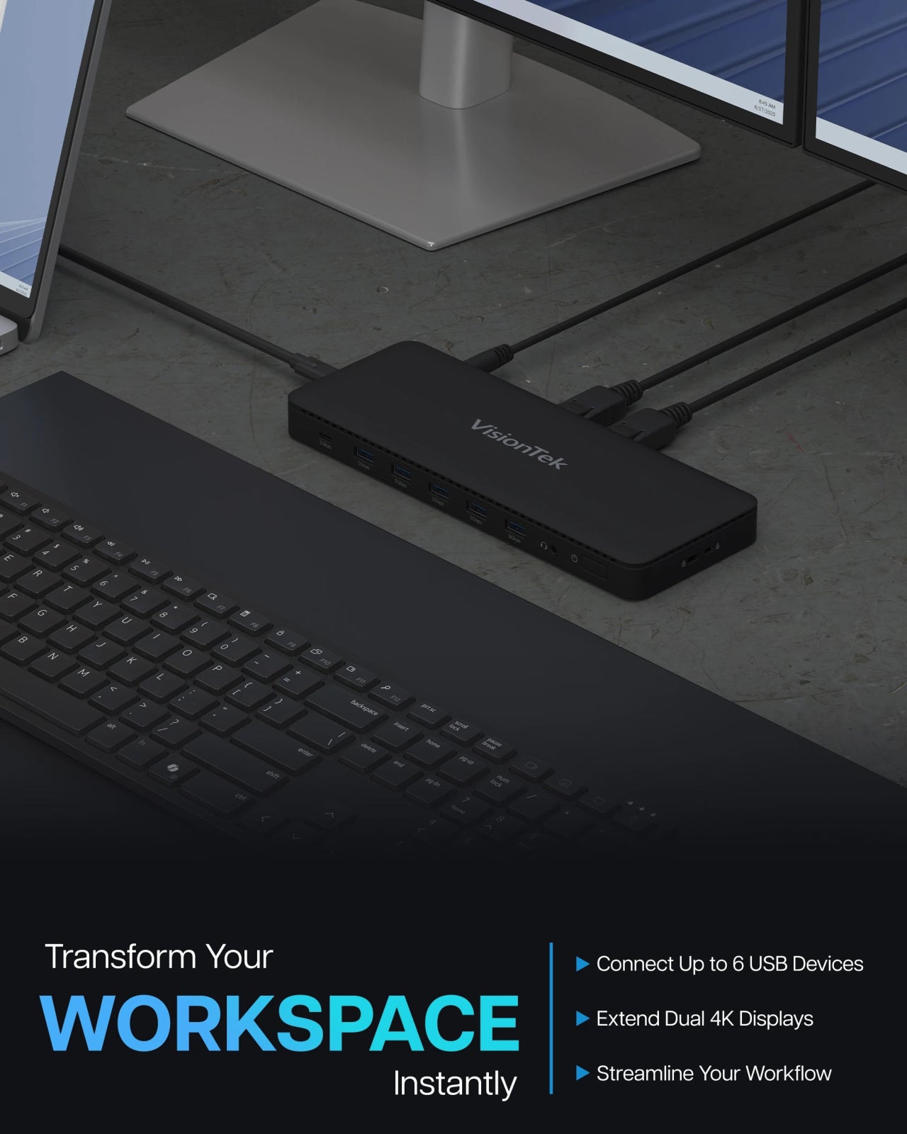 VisionTek.com - VisionTek VT4600DL Universal Dual 4K Docking Station 100W Charging (USB - A, USB - C)