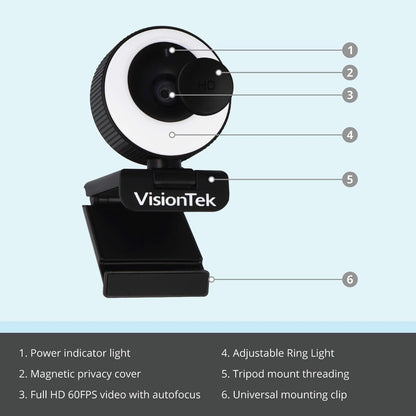 VisionTek.com - VTWC40 1080p Autofocus Webcam | Built - In Ring Light | 60FPS | Dual Mic | Privacy Cover | USB 2.0 | Plug - and - Play | PC, Mac, Chromebook Compatible