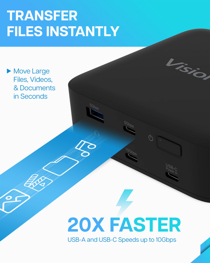 VisionTek.com - VisionTek VT1200DL Dual 4K Docking Station | USB - C or USB - A | 10 - in - 1 Dock | DisplayLink | 100W Power Passthrough | Windows, Mac, ChromeOS Compatible