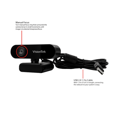VisionTek.com - VTWC30 1080p Full HD Webcam | USB 2.0 | Built - in Dual Mic | Privacy Cover | Plug - and - Play | PC, Mac, Chromebook Compatible