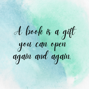 Image of text on a blue and green watercolour pattern for the gift card that reads: A book is a gift you can open again and again